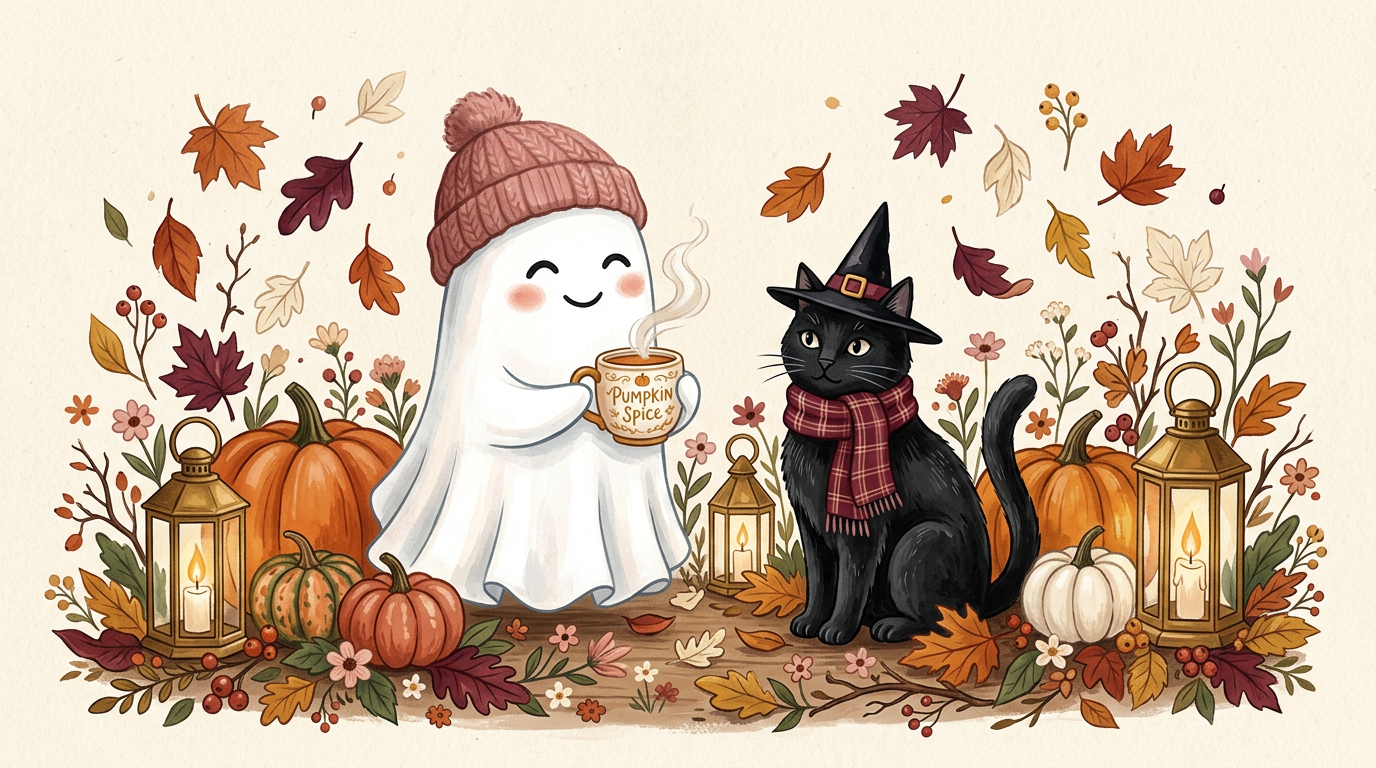 Whimsical ghost and cat surrounded by pumpkins, lanterns and autumn leaves